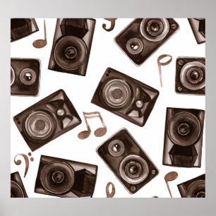 Póster Patrón Sepia de altavoces de música acuarela