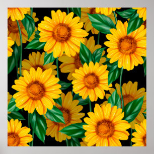 Póster Patrón sin costuras de girasol. Fondo con amarillo
