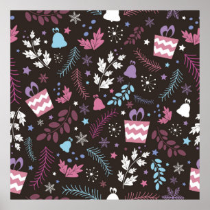 Póster Patrón sin fisuras con árbol, nieve, regalo