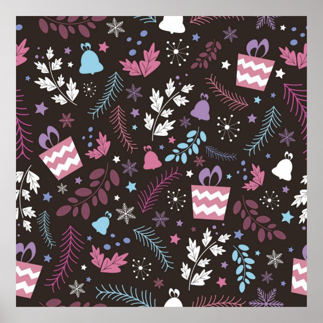 Póster Patrón sin fisuras con árbol, nieve, regalo (Frente)