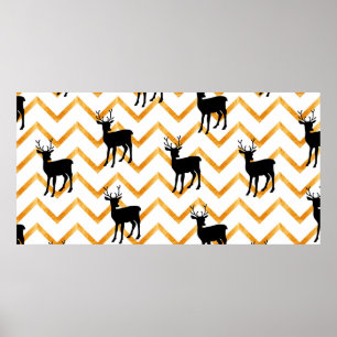 Póster Patrón sin fisuras con ciervo negro y textura dora