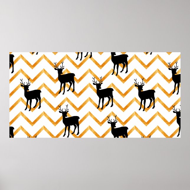 Póster Patrón sin fisuras con ciervo negro y textura dora (Frente)
