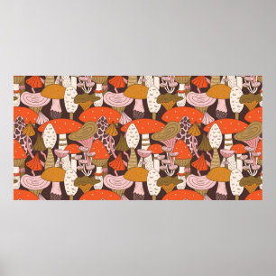 Póster Patrón sin fisuras de hongos y sartén dibujado a m