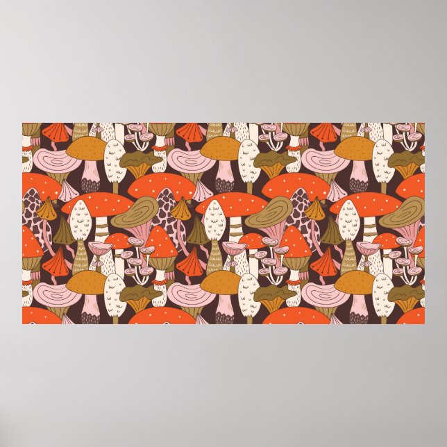 Póster Patrón sin fisuras de hongos y sartén dibujado a m (Frente)