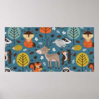 Póster Patrón sin foco con animales de bosque sobre fondo
