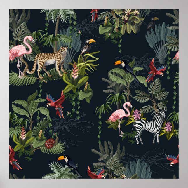 Póster Patrón sin foco con animales de la jungla, flores  (Frente)