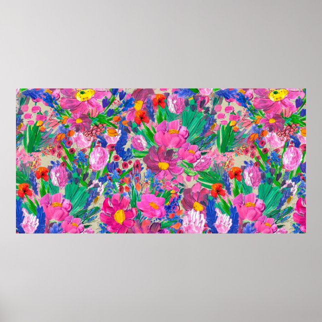 Póster Patrón sin foco con bellas flores. Acuarela (Frente)