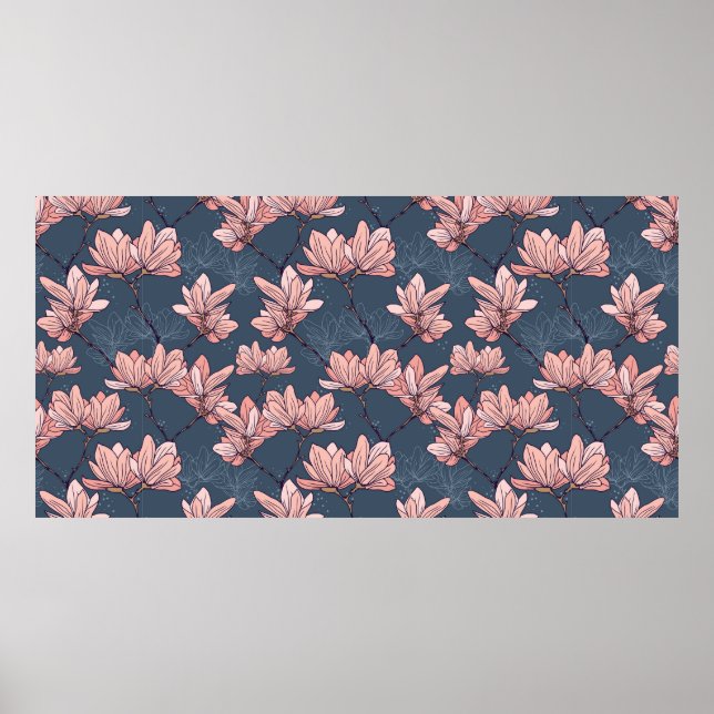 Póster Patrón sin foco con bellas flores de magnolia (Frente)