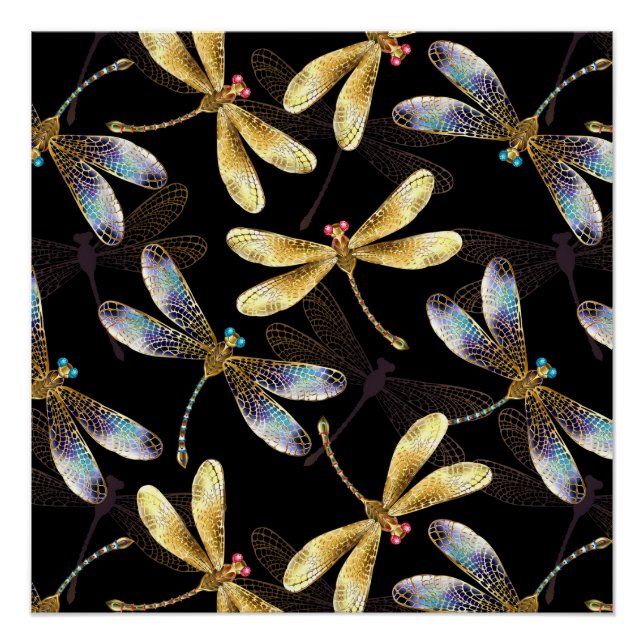 Póster Patrón sin foco con Dragonflies dorados (Anverso)