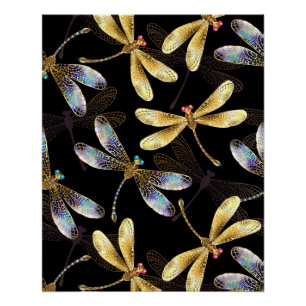 Póster Patrón sin foco con Dragonflies dorados
