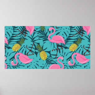 Póster Patrón sin foco con flamencos rosados y amigo verd
