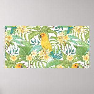 Póster Patrón sin foco con flores Plumeria, hojas y