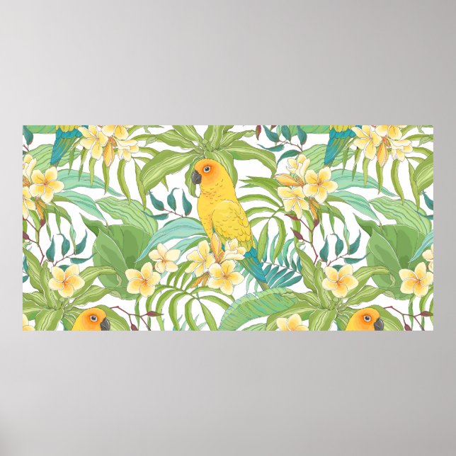 Póster Patrón sin foco con flores Plumeria, hojas y (Frente)