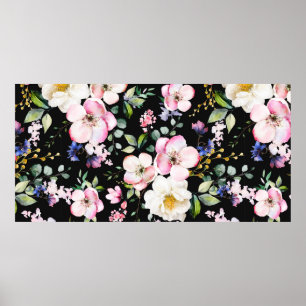 Póster Patrón sin foco con flores primaverales y hojas. H