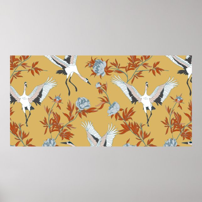 Póster Patrón sin foco con grúas blancas japonesas y pe (Frente)