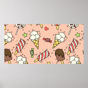 Póster Patrón sin foco con helados y ollipops lindos