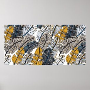 Póster Patrón sin foco con hojas tropicales dibujadas a m