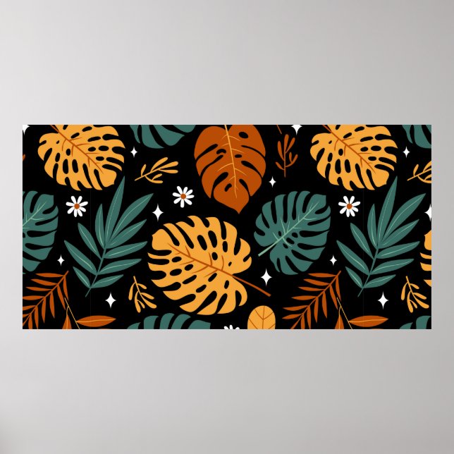 Póster Patrón sin foco con hojas tropicales diferentes y (Frente)