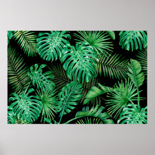 Póster Patrón sin foco con hojas tropicales sobre una ba