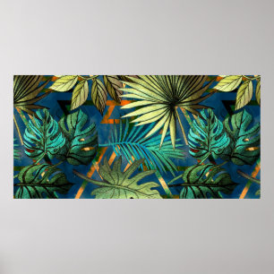 Póster Patrón sin foco con hojas tropicales y geometri