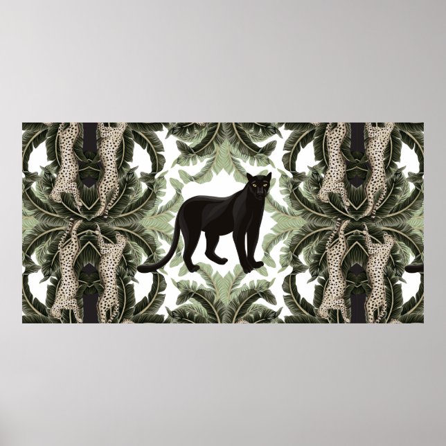 Póster Patrón sin foco con hojas y animales tropicales (Frente)