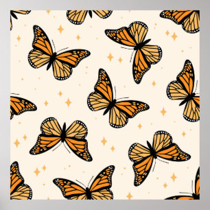 Póster Patrón sin foco con mariposas monarcas. Contemp