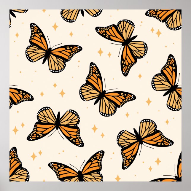 Póster Patrón sin foco con mariposas monarcas. Contemp (Frente)