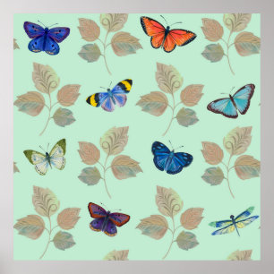 Póster Patrón sin foco con mariposas y ramas brillantes