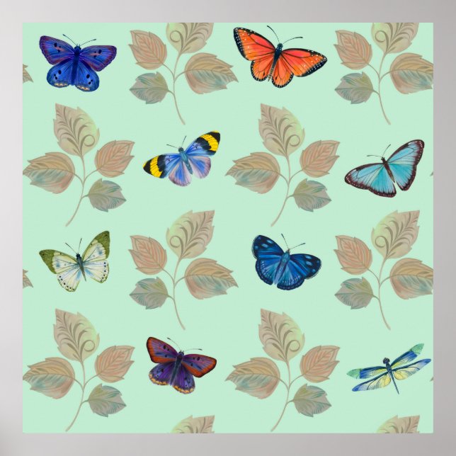 Póster Patrón sin foco con mariposas y ramas brillantes (Frente)
