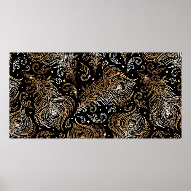 Póster Patrón sin foco con plumas de pavo real. Freehand (Frente)