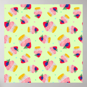 Póster Patrón sin foco con quequitos con fresas