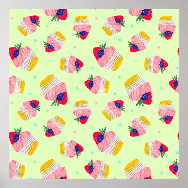 Póster Patrón sin foco con quequitos con fresas (Frente)