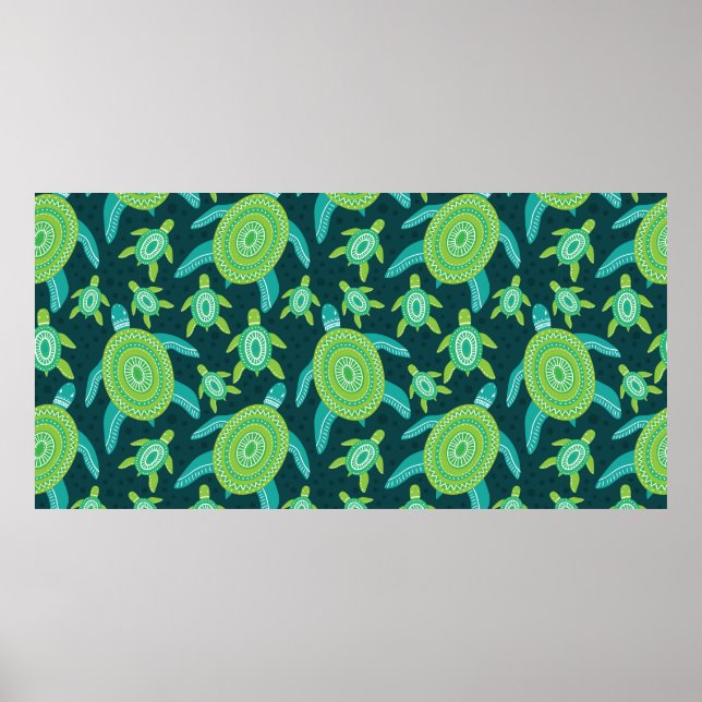 Póster Patrón sin foco con tortugas adornadas verdes. Mar (Frente)