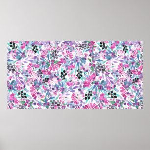 Póster Patrón sin foco de flores y bayas púrpura, blu