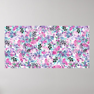 Póster Patrón sin foco de flores y bayas púrpura, blu