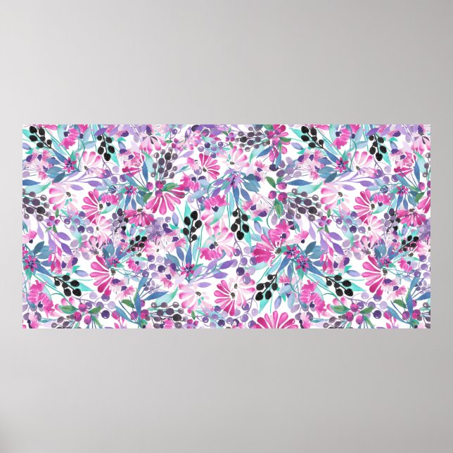 Póster Patrón sin foco de flores y bayas púrpura, blu (Frente)