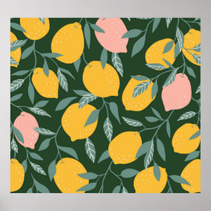 Póster Patrón sin foco de fruta de limón vintage