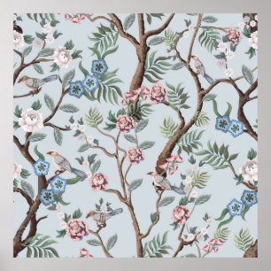 Póster Patrón sin foco en estilo chinoiserie con peonías
