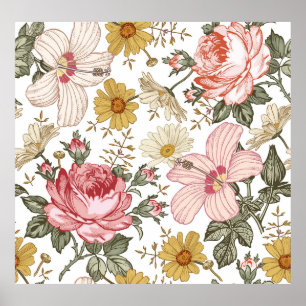 Póster Patrón sin foco. Hermoso realismo rosa floreciente