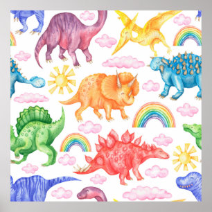 Póster Patrón sin foco que representa dinosaurios de colo