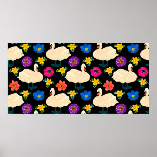 Póster Patrón sin soldadura con cisnes y flores, dibujo a