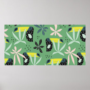 Póster Patrón sin soldadura con tucán, elefante, mono y