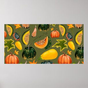 Póster Patrón sin soldadura de calabazas y hojas sobre un