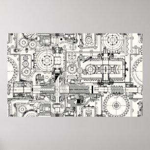 Póster Patrón técnico continuo con engranajes helicoidale