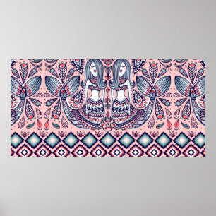 Póster patrón transparente con sirenas y elementos folcló