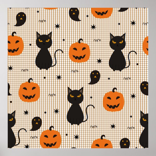 Póster Patrón transparente de Halloween con gato negro y  (Frente)