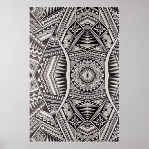 Póster Patrón tribal de Mandala geométrica en blanco y 