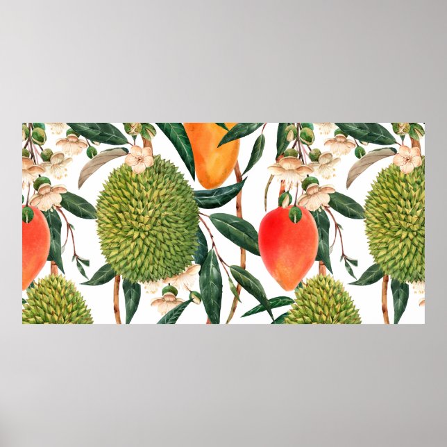 Póster Patrón tropical acuarela, fruto del durión, mango  (Frente)