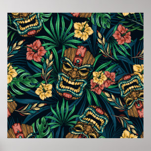 Póster Patrón tropical hawaiano de la máscara tiki