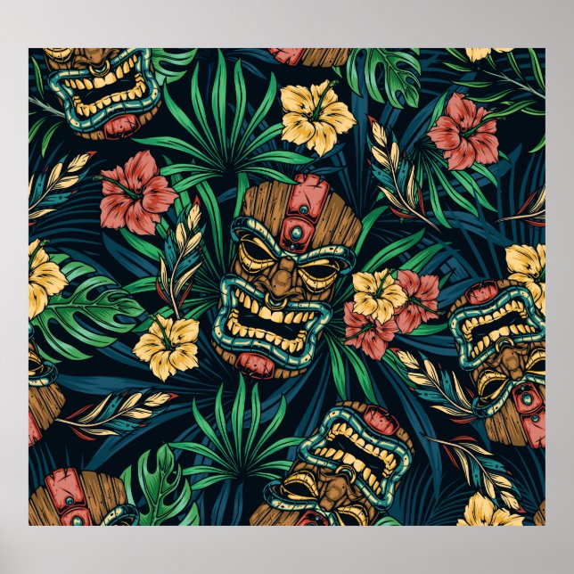 Póster Patrón tropical hawaiano de la máscara tiki (Frente)